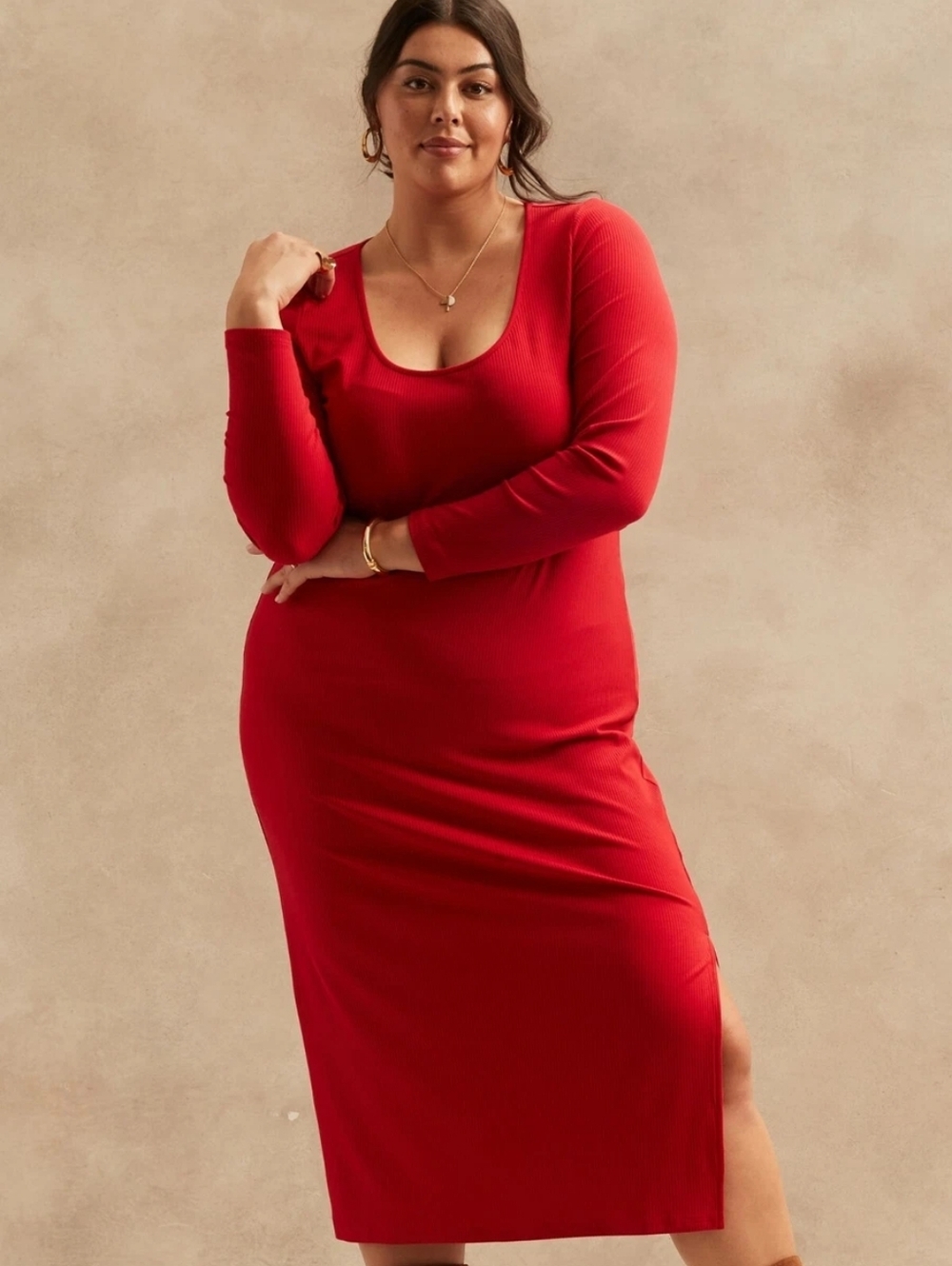 Banana Republic Ribbed Scoop-Neck T-Shirt Dress, Red Sunset SIZE L